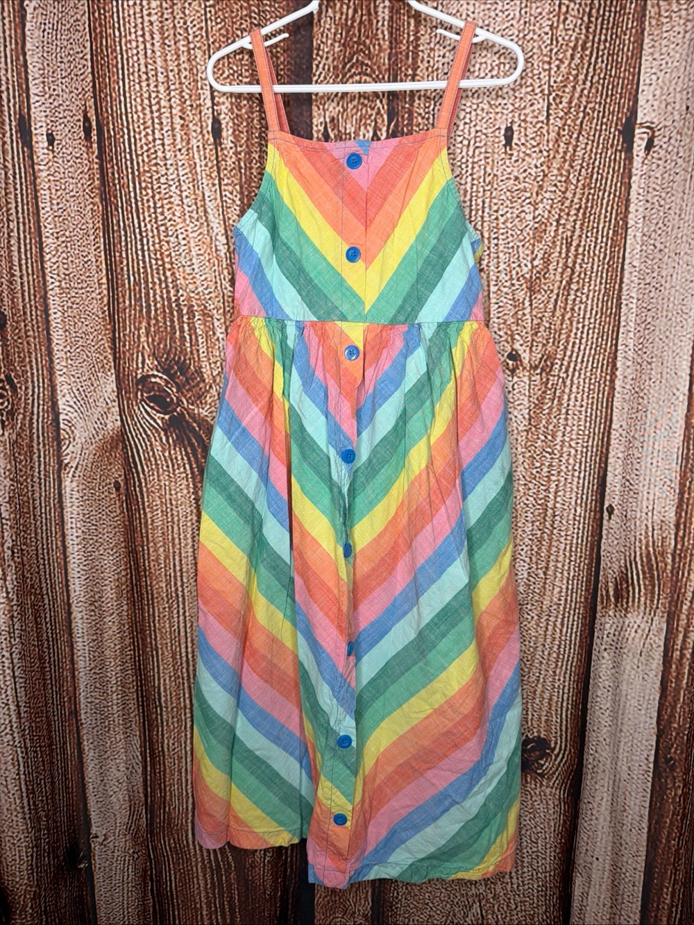 Hanna Andersson Girls Size 12 Rainbow Stripe Poplin Midi Dress Pockets Cotton